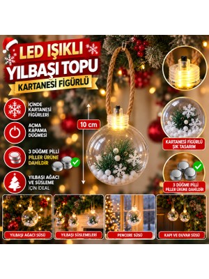 MixmioLife LED Işıklı Yılbaşı Ağacı Süsü 10 cm Kar Tanesi Figürlü Top Pilli Işıklı Noel Ağacı Süsü Dekoratif Asma Süs