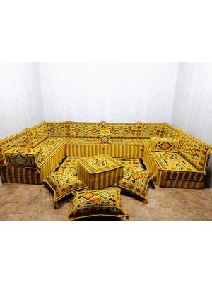 Coton Şark Köşesi 30cm Minderli, Kilim, Orta Puf Takımı Konsept Sarı 19 Parça