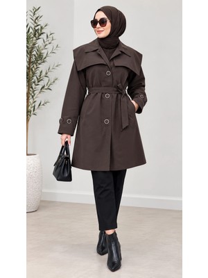 Nevayla Moda Kuşaklı Düğmeli Mevsimlik Trençkot - Acı Kahve / M0118
