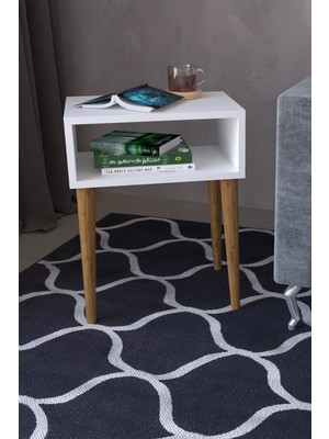 Remaks Retro Yan Sehpa Beyaz Modern Tasarım 1.Sınıf Suntalam ve Doğal Ahşap Ayaklarla