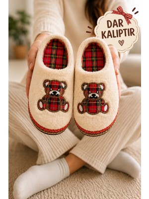 Slipcat Unisex, Ekose Desenli, Ayı Figürlü, Yumuşak, Peluş Kışlık Ev Terliği