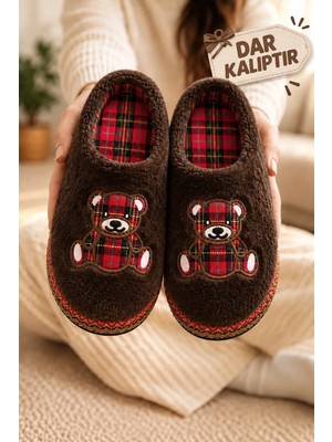 Slipcat Unisex, Ekose Desenli, Ayı Figürlü, Yumuşak, Peluş Kışlık Ev Terliği