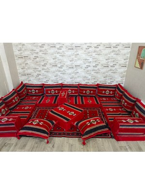 Coton Şark Köşesi Otantik Desenli Minder, Kilim, Orta Puf Takımı Kırmıızı