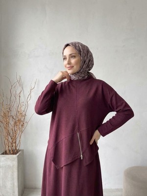 Miostil Fermuar Detay Asimetrik Kesim Etekli Takım-Bordo