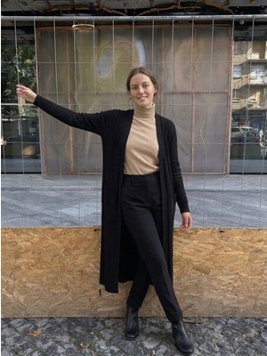 Onno Style Standart Beden Uzun Triko Fitilli Kadın Ceket