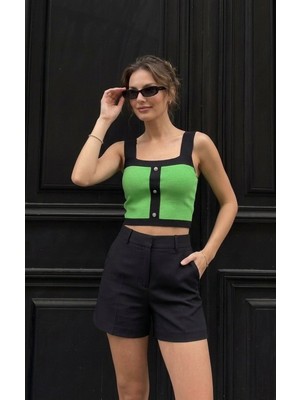 Onno Style Askılı Kolsuz Düğme Detaylı Triko Kadın Bluz