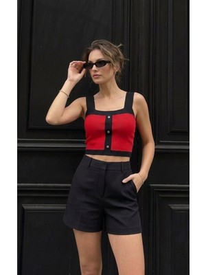Onno Style Askılı Kolsuz Düğme Detaylı Triko Kadın Bluz