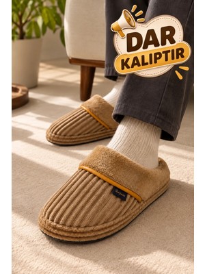 Slipcat Erkek Fitilli Kadife Peluş Içi Yünlü Kaymaz Taban Sıcak Tutan Ev Terliği