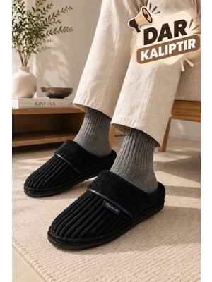 Slipcat Erkek Fitilli Kadife Peluş İçi Yünlü Kaymaz Taban Sıcak Tutan Ev Terliği