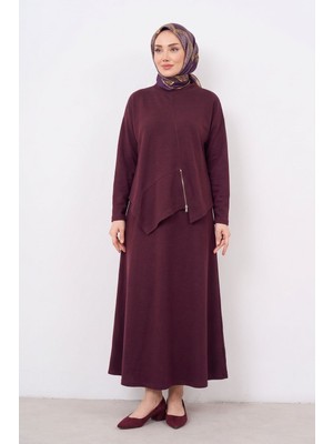 Modestim Kadın Önü Fermuar Detaylı Asimetrik Kesim Bordo Tesettür Etekli Takım Kombin