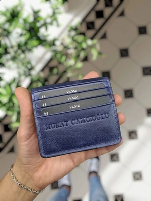 Visso 657 Hakiki Orijinal Deri Kişiye Özel isim Baskılı Unisex Mıknatıslı Kartlık Cüzdan Lacivert