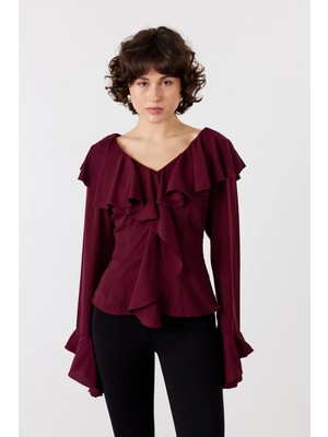 Facette Volanlı Bluz Bordo