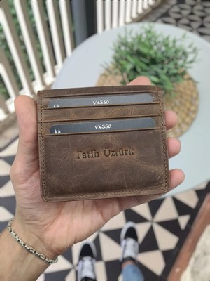 Visso 657 Hakiki Orijinal Deri Kişiye Özel isim Baskılı Unisex Mıknatıslı Kartlık Cüzdan Açık Kahverengi