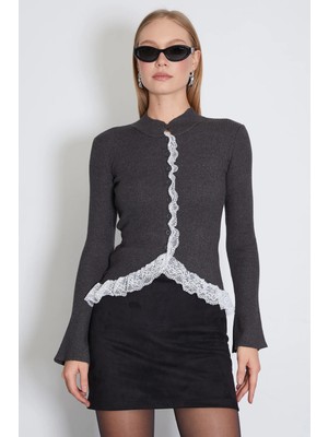 FullaModa Dantelli Ispanyol Kol Slim Fit Triko Hırka