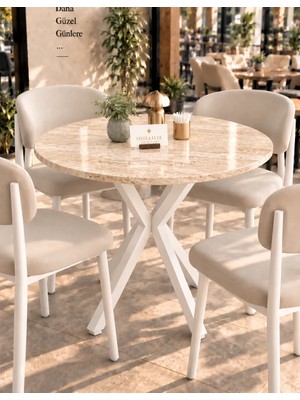 Stella Luce Mutfak Cafe Balkon Bahçe Restoran Yemek Masası 70X70 Beyaz Traverten Tabla Yuvarlak