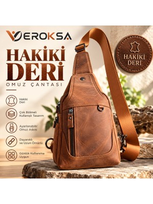 Veroksa Hakiki Deri Erkek Omuz Çantası – Çok Bölmeli Çapraz Askılı Sling Bag Günlük Çanta