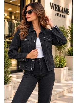 Wkm Kadın Jean Denim Standart Kalıp Cepli Düğmeli Kot Ceket