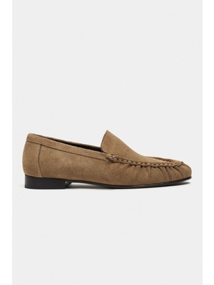 Nişantaşı Shoes Tony Rome Bej Süet Deri Düz Taban Kadın Loafer Ayakkabı