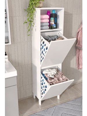 Dekorfim DF03111 2 Bölmeli Devrilir Çamaşır Sepetli Banyo Dolabı Çok Amaçlı Kirli Çamaşır Sepeti Dolabı
