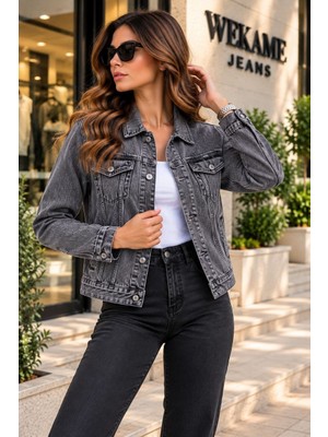 Wkm Kadın Jean Denim Standart Kalıp Cepli Düğmeli Kot Ceket