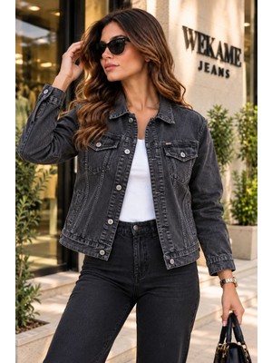 Wkm Kadın Jean Denim Standart Kalıp Cepli Düğmeli Kot Ceket