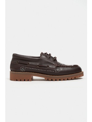 Nişantaşı Shoes Niklaus Kahve Mat Deri Taş Detaylı Bağcıklı Tırtıklı Kalın Taban Günlük Kadın Loafer