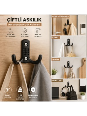 Reis Kulp Noktalı Portmanto Vestiyer Duvar Dolap Elbise Askısı Siyah Metal Mobilya Kapı Askılığı Askılık (5 Adet)