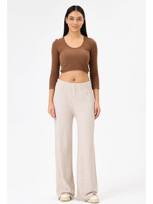 Della Moor Beige Kadın Italyan Bol Paça Triko Pantolon 38 - 44 Beden