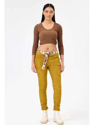 Della Moor Senape Kadın Italyan Kemerli Skinny Fit Likralı Kadife Pantolon 38 - 44 Beden