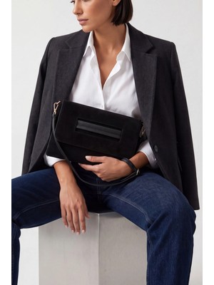 Marjin Kadın Clutch Portföy Çarpaz Askılı El ve Omuz Çantası Sonira Siyah Süet