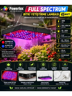 Econa 45W Full Spectrum LED Bitki Yetiştirme Lambası - 225 LED Kırmızı Mavi Işık 30.5X30.5 cm Bitki Büyütme Paneli (Fişli / Asma Teli Dahil) Tak Çalıştır Set