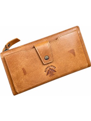 Alphaclub Bag Unisex Hakiki Deri Cüzdan Çok Bölmeli Fermuarlı Büyük Boy Kartlık ve Pasaport Cüzdanı - Taba