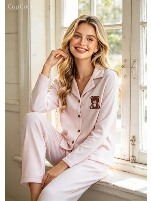 NiCe İç Giyim Kadın Pudra Pembe Teddy Ayıcık Desenli Pijama Takımı – Uzun Kollu Düğmeli Yumuşak Kumaş Şık Pijama Seti