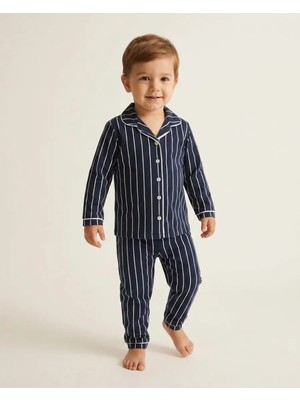 Erkek Bebek Lacivert Çizgili Yakalı Düğmeli Pijama Takımı