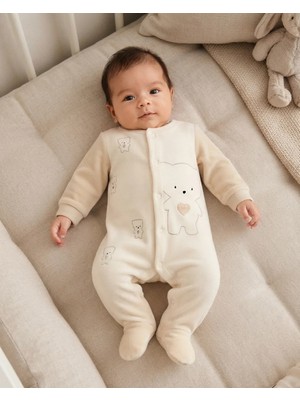 Heyminy Unisex Bebek Bej Ayıcık Detaylı Kadife Patikli Tulum