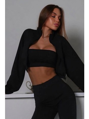Kadın Crop Fermuarlı Ceket ve Ispanyol Paça Pantolon Ikili Takım