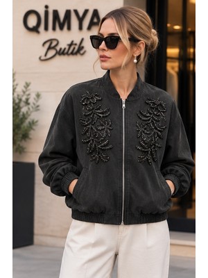 Qimya Butik Egzotik Asortik Kadın Göğsü Boncuk Işlemeli Astarlı Ince Premium Bomber Ceket