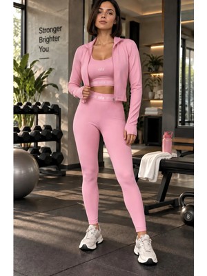 Kadın 3'lü Spor Takım Fermuarlı Crop Ceket Büstiyer ve Yüksek Bel Toparlayıcı Tayt