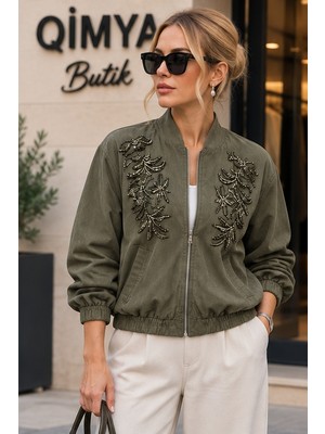 Qimya Butik Egzotik Asortik Kadın Göğsü Boncuk Işlemeli Astarlı Ince Premium Bomber Ceket