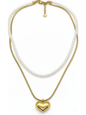Jewels of Hope İncili ve Ayna Plaka Kalp Motifli 316L Çelik Kadın Kolye - Kararmaz Gold Zincir 45 cm