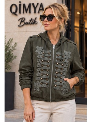 Qimya Butik Egzotik Asortik Kadın Önü Süvari Işlemeli Düğmeli Apoletli Kapüşonlu Ince Bomber Ceket