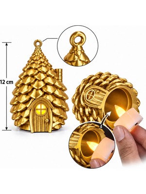 Piyatech Çam Ağacı Ev Dekoratif Fener Mumluk – Asılabilir Ahşap Görünümlü Dekor – LED Mum Hediyeli - Gold