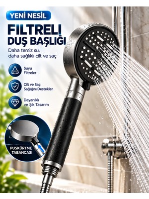 Epilons Modern Tasarımlı 6 Modlu Filtreli Duş Başlığı Büyük Panel Metalik Siyah Duş Atı