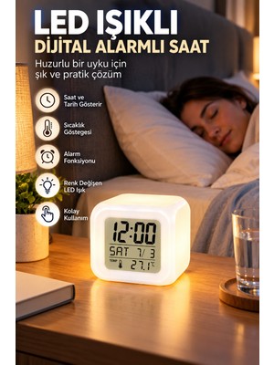 Efnaz Style Dekoratif Küp Saat LED Işıklı Dijital Saat Alarm ve Sıcaklık Özellikli