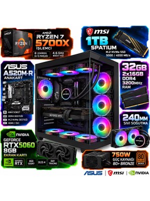 Apphirex Aim X75 R7 5700X/ASUS A520M-R/8GB RTX5060/32GB Ram/msi 1tb M.2 Ssd/ Sıvı Soğutmalı Siyah Masaüstü Oyuncu Bilgisayarı