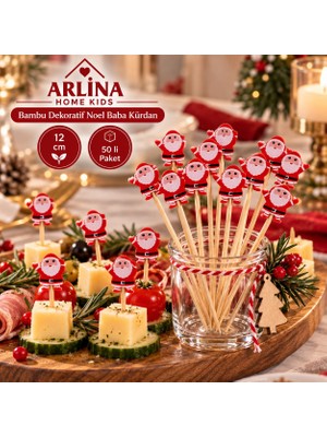 Arlina Home Kids Bambu Dekoratif Noel Baba Kürdan 12 cm 50'li