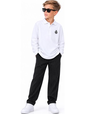 Ay Kids Erkek Çocuk Beyaz Polo Yaka Sweatshirt Siyah Çizgili Pantolon Takım – Şık Rahat Günlük Kombin 5084S-