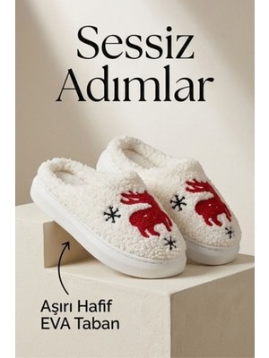 Liarca Hafif ve Yumuşak Peluş Kaymaz Taban Anne Çocuk Misafir Noel Geyik Yılbaşı Temalı Ekru Ev Terliği