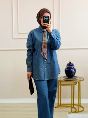 Fularlı Denim Gömlek & Pantolon Ikili Takım
