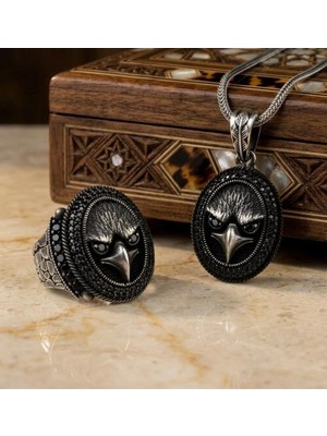 Takılingo 925 Ayar Gümüş 3D Kartal Motifli Zirkon Erkek Yüzük Kolye Kombini